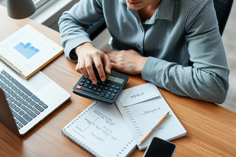 Person calculating earnings with calculator and notepad