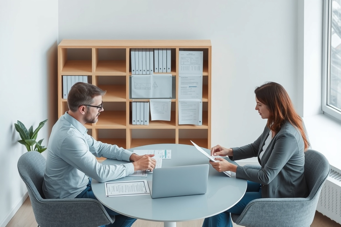 Two professionals in an office discussing survey research and respondent profiles